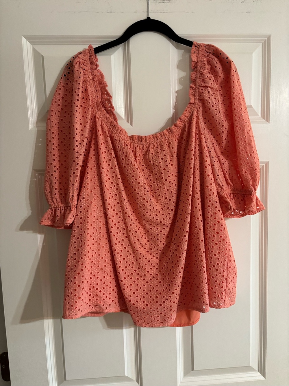 Pomander Place Coral Eyelet Peasant Top